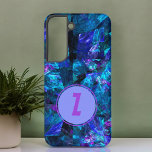 Purple Monogram Stylish Blue Abstract Template Samsung Galaxy S22 Case<br><div class="desc">Shimmering shades of blue,  minimal purple and black background set off the purple initial letter monogram that you easily personalize. Personalize it by adding a first or last name initial in the text template field.</div>