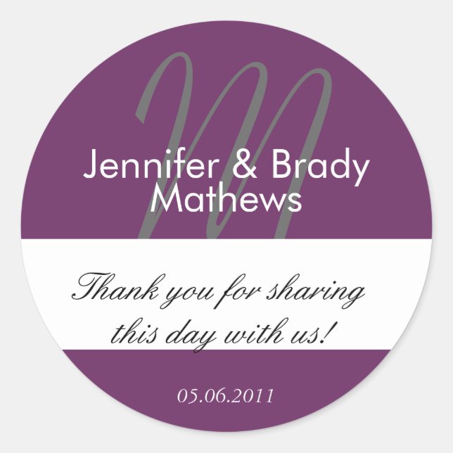 Purple Monogram Thank You Wedding Favor Stickers (Front)