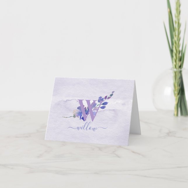 Purple Monogram Watercolor Personalized Stationery Thank You Card (Front)