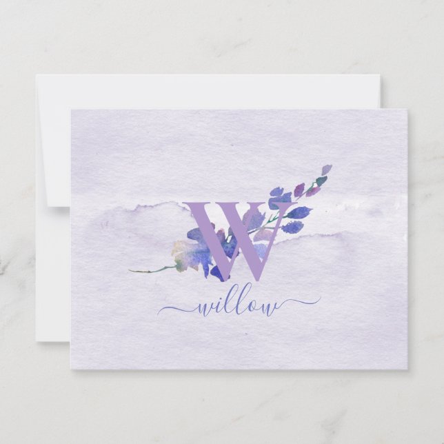 Purple Monogram Watercolor Personalized Stationery Thank You Card (Front)