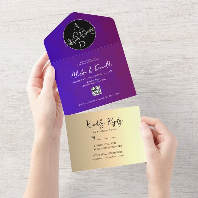 Purple Monogram Wedding All In One Invitation (Tearaway)