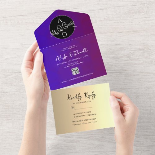 Purple Monogram Wedding All In One Invitation