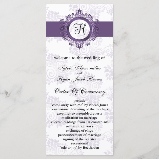 purple monogram Wedding program (Front)