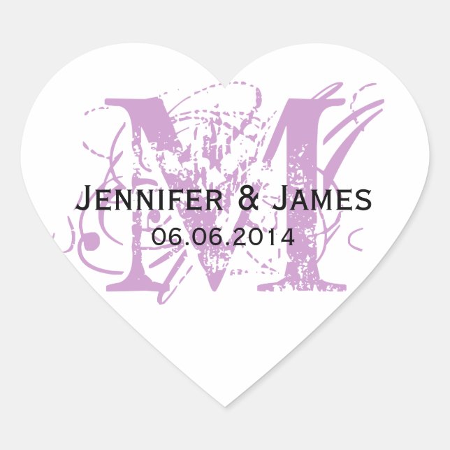 Purple Monogram Wedding Stickers Heart Shape (Front)