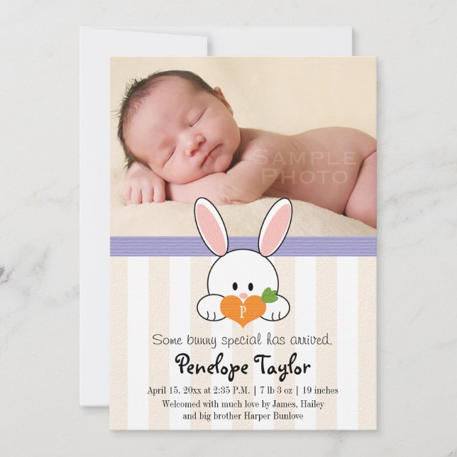 PURPLE MONOGRAMMED BUNNY RABBIT BIRTH ANNOUNCEMENT (Front)