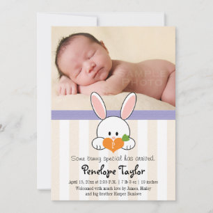 PURPLE MONOGRAMMED BUNNY RABBIT BIRTH ANNOUNCEMENT
