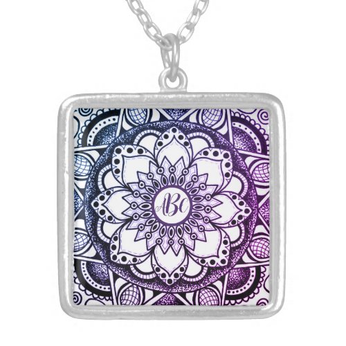 Purple Monogrammed Flower Mandala Silver Plated Necklace