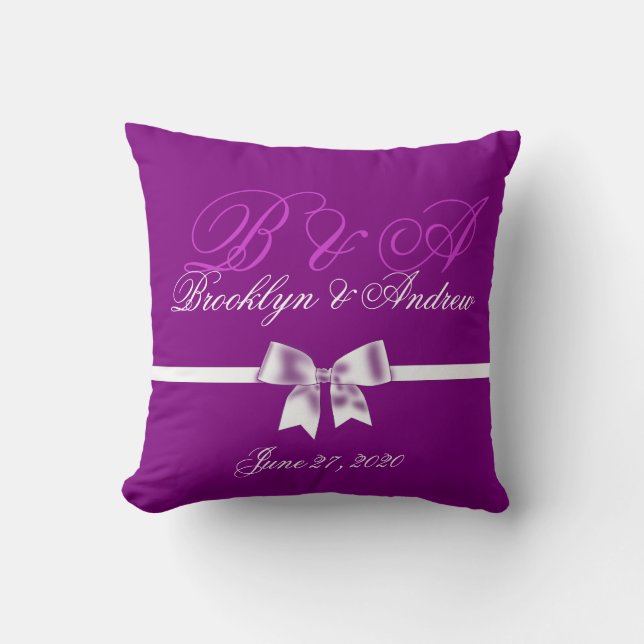 Purple Monogrammed Wedding Pillows With Bow (Front)