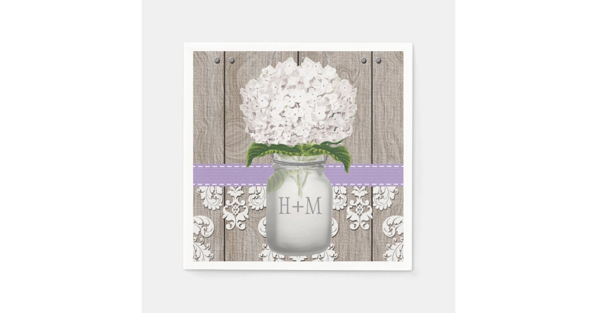 Purple Monogrammed White Hydrangea Mason Jar Paper Napkins