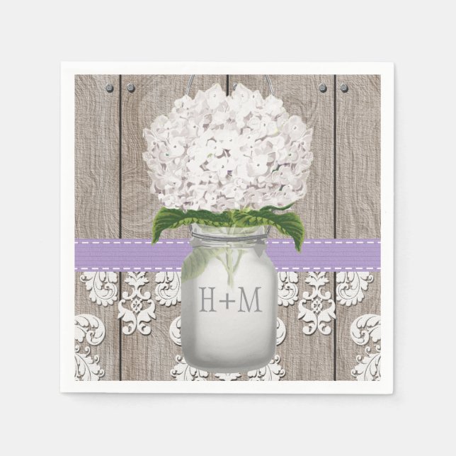 Purple Monogrammed White Hydrangea Mason Jar Paper Napkins (Front)