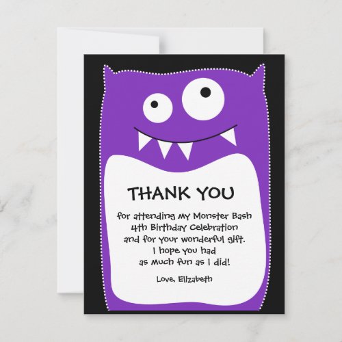 Purple Monster Bash Thank You Card (Flat) Custom Invitation