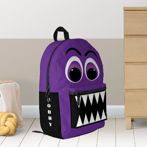 Purple Monster Big Eyes and Sharp Teeth Printed Backpack