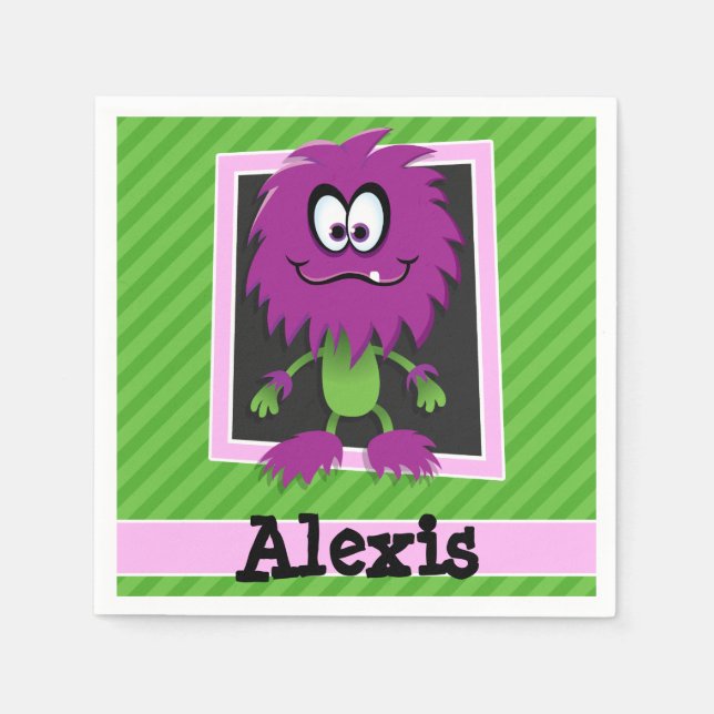 Purple Monster on Green Stripes Paper Napkins (Front)