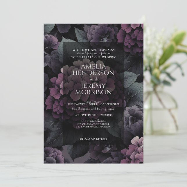 Purple Moody Floral with QR Code Invitation (Standing Front)