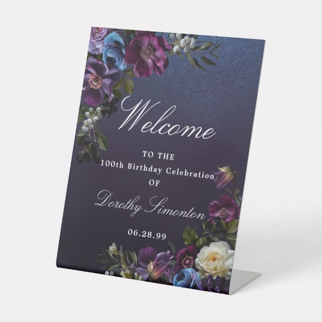 Purple Moody Flower 100th Birthday Welcome  Pedestal Sign (Front)