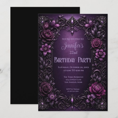 Purple Moody Flowers Birthday Invitation