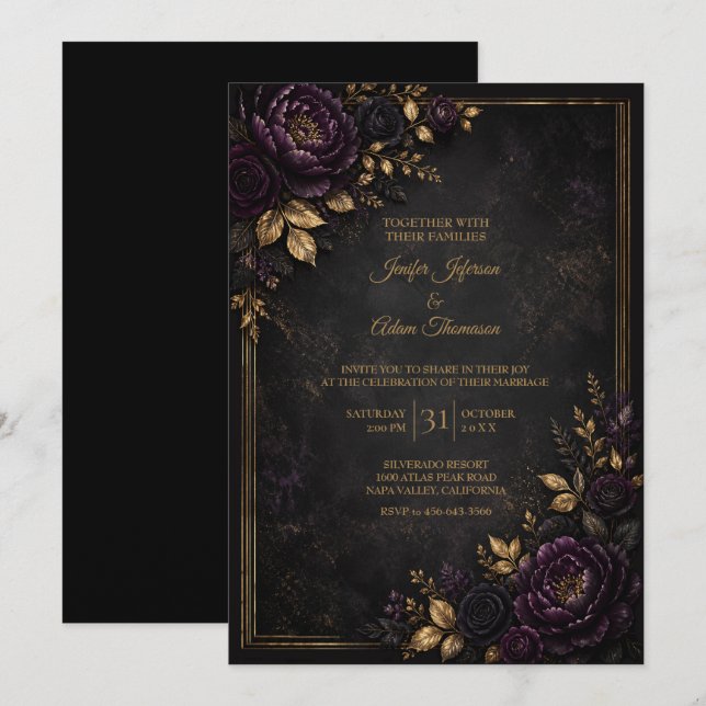 Purple Moody Flowers Wedding Invitation (Front/Back)