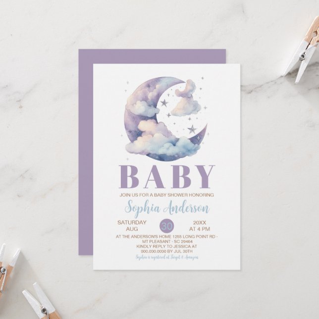 purple moon and clouds Baby Shower Invitation (Front/Back In Situ)