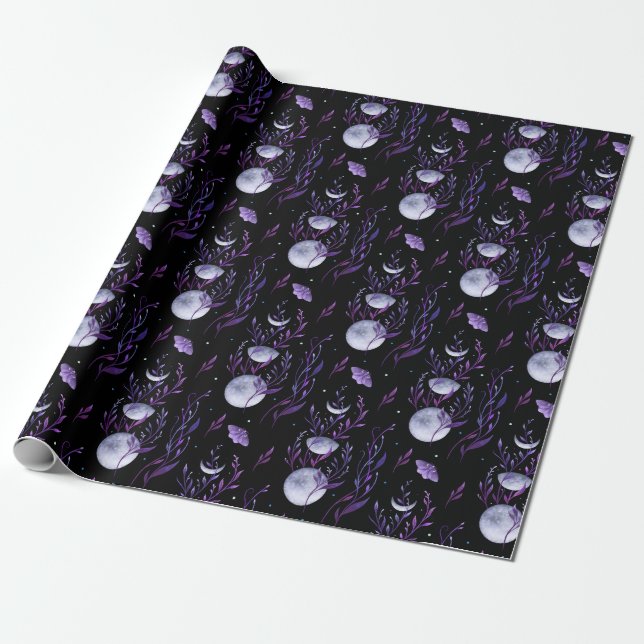 Purple Moon and Moth  Wrapping Paper (Unrolled)