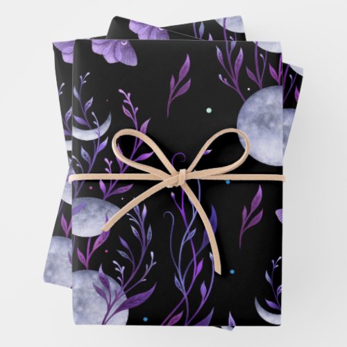 Purple Moon and Moth Wrapping Paper Sheets