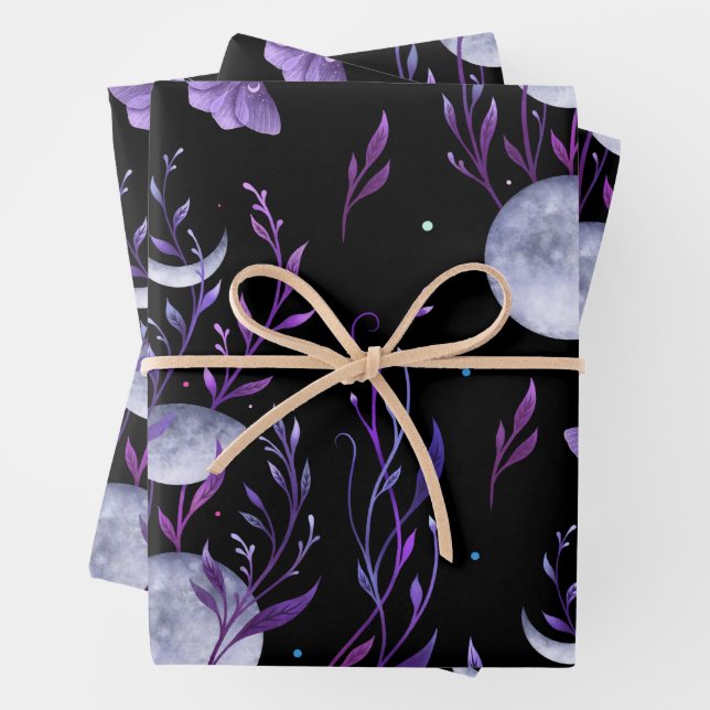 Purple Moon and Moth Wrapping Paper Sheets (In situ)