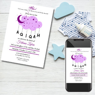 Purple Moon Cloud Star Baby Girl Muslim Aqiqah Invitation