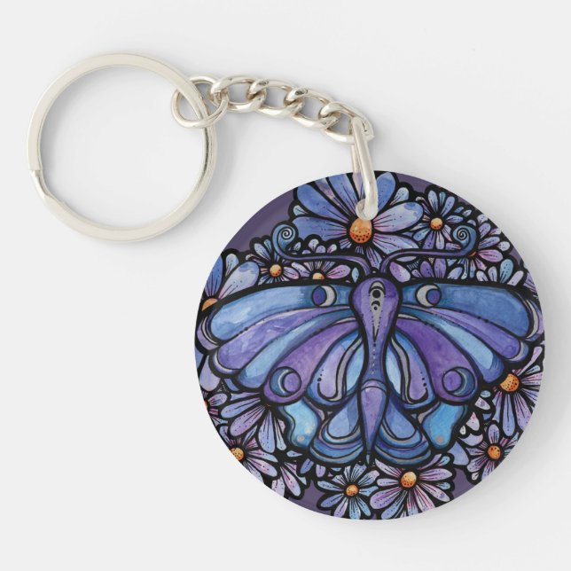 Purple Moon Moth Daisies          Keychain (Front)