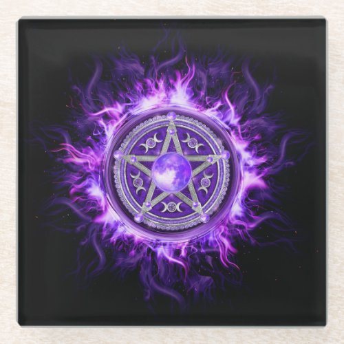 Purple Moon Pentagram Glass Coaster