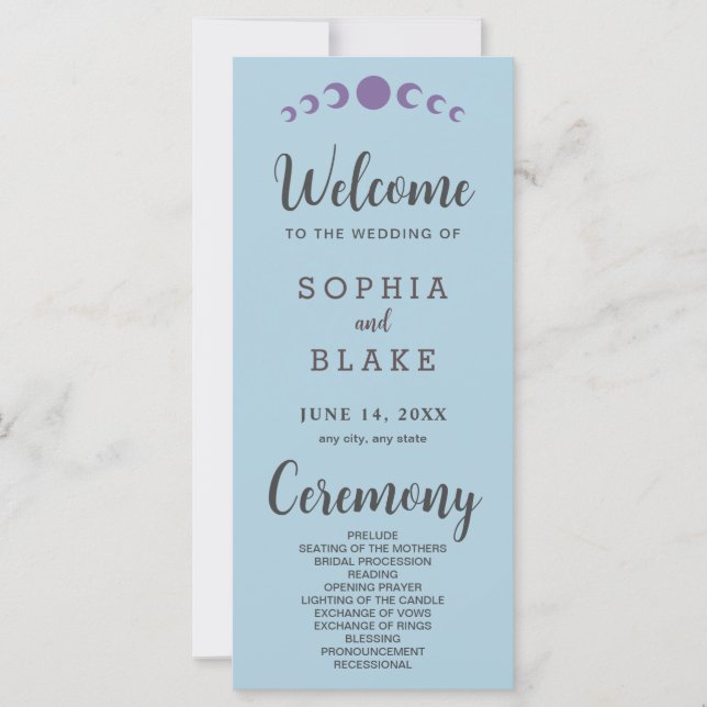 Purple Moon Phases Blue Wedding Program (Front)