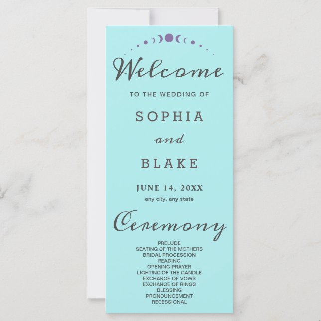 Purple Moon Phases Pale Blue Wedding Program (Front)