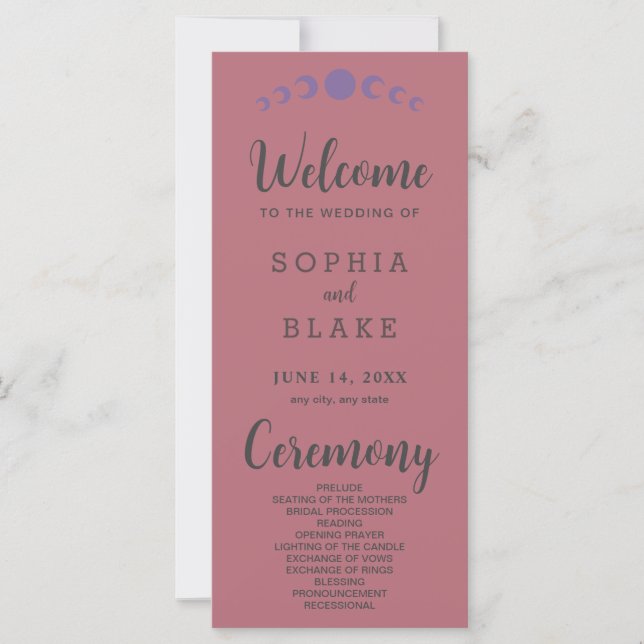 Purple Moon Phases Rose Gold Wedding Program (Front)