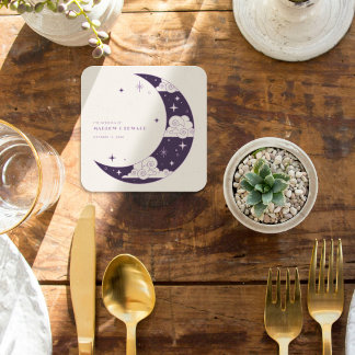 Purple Moon & Stars Celestial Wedding Reception Square Paper Coaster