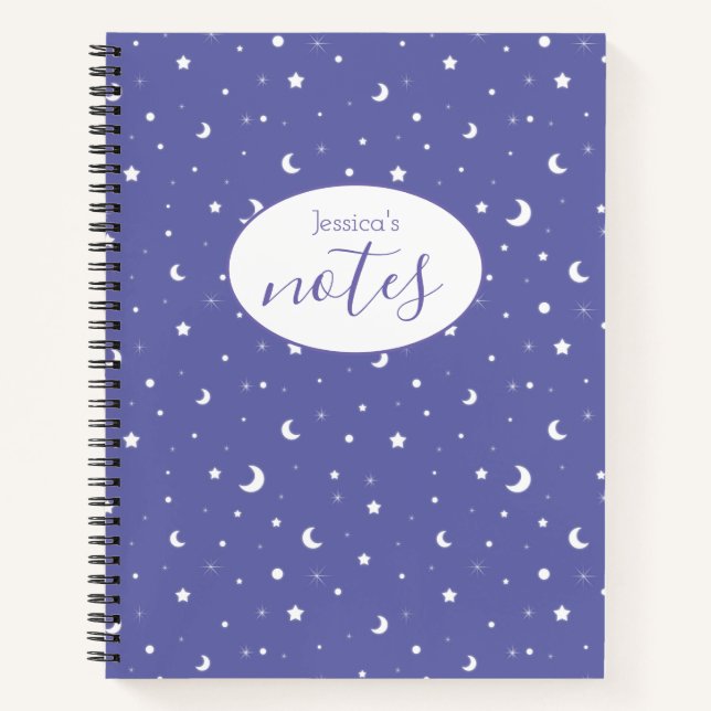 Purple Moons and Stars Custom Name Notebook (Front)