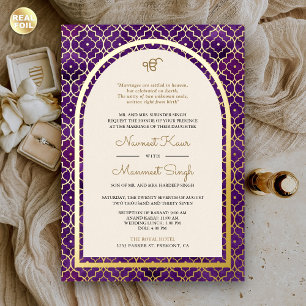 Purple Moroccan Pattern Sikh Arch Wedding Gold Foil Invitation