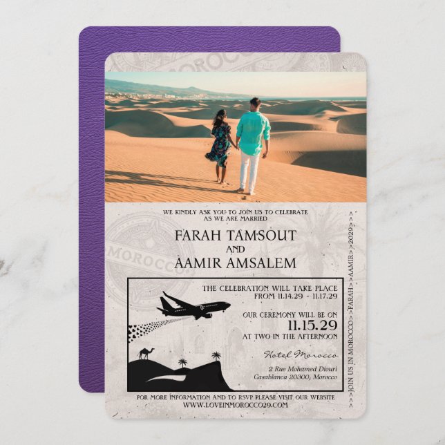 Purple Morocco Passport Wedding Invitation (Front/Back)