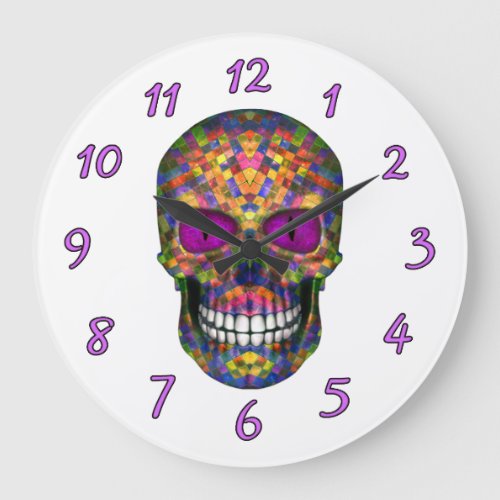 Purple Mosaic Sugar Skull Zombie Wall Clock