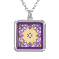 Purple Mosaic with Magen David Silver Plated Necklace