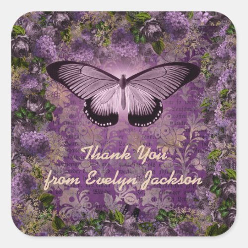 Purple Moth Floral Newspaper Ephemera Thank You Square Sticker