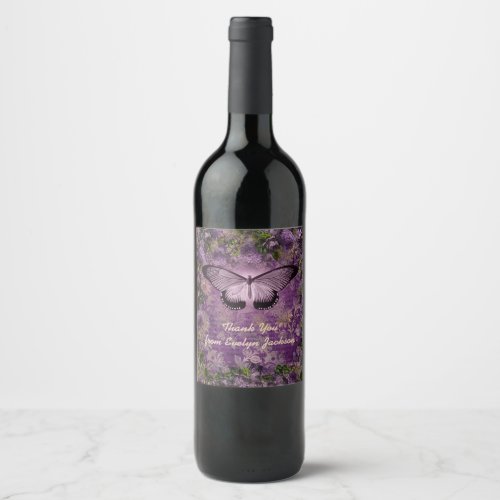 Purple Moth Floral Newspaper Ephemera Thank You Wine Label