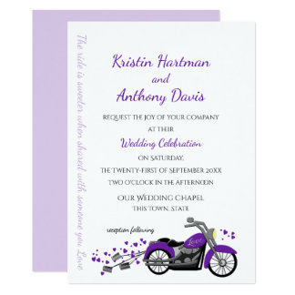 Purple Motorcycle and Hearts Wedding Invitation