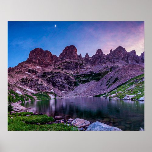 Purple Mountain Lake  Sunset Moon Poster