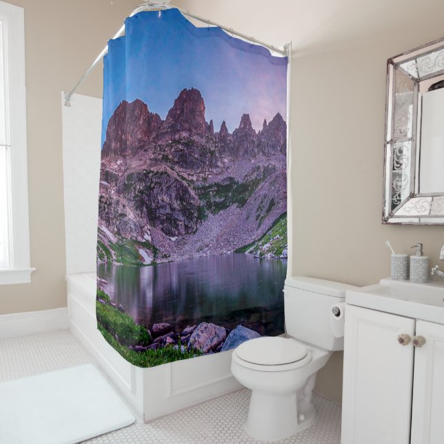 Purple Mountain Lake // Sunset Moon Shower Curtain (In Situ)