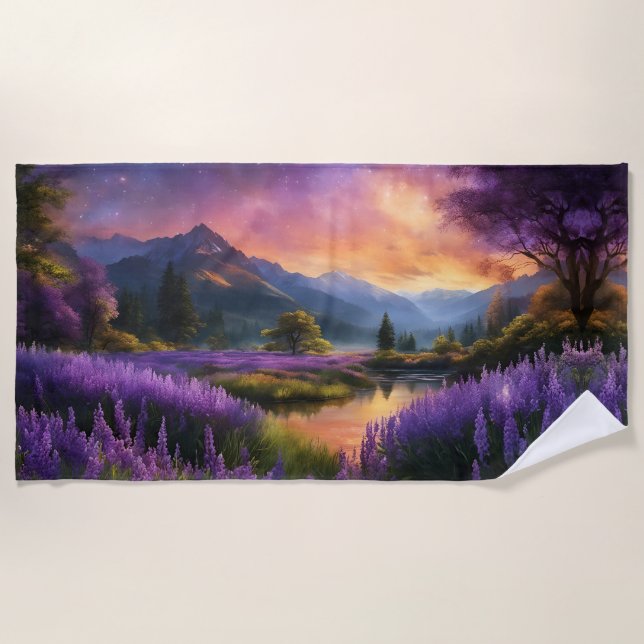 Purple Mountain Valley Sunrise  Beach Towel (Front)