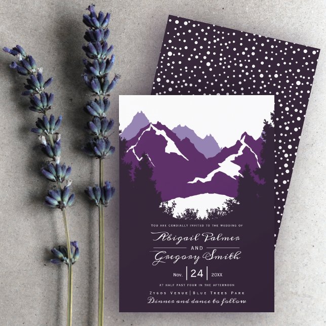 Purple mountains and conifer trees wedding invitation (Creator Uploaded)