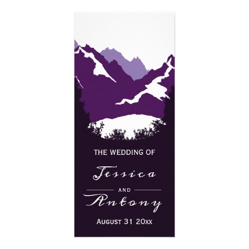 Purple mountains and conifer trees wedding program