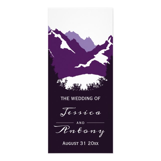 Purple mountains and conifer trees wedding program (Front)