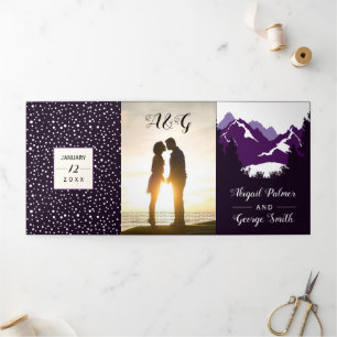 Purple mountains and trees photo winter wedding Tri-Fold invitation