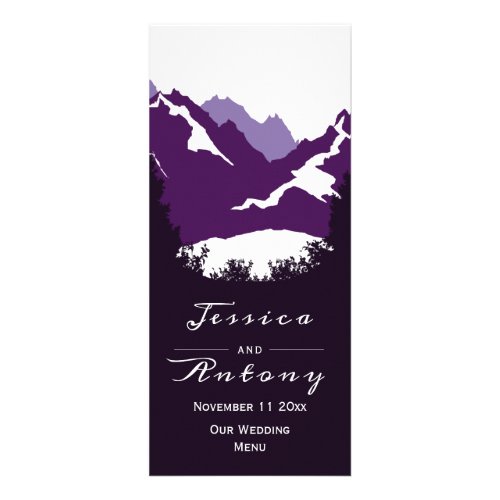 Purple mountains conifer trees wedding menu card