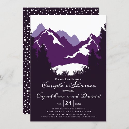 Purple mountains conifers wedding couples shower invitation