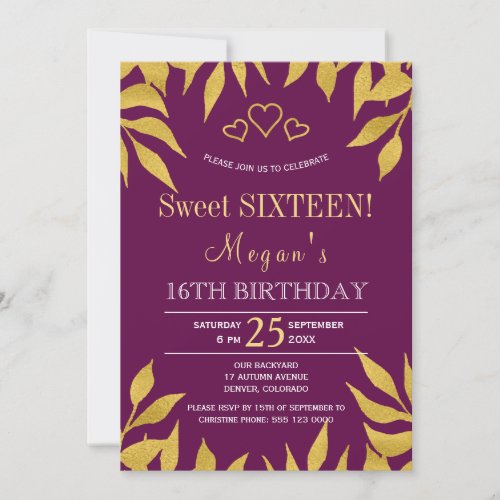 Purple mulberry gold fall leaves sweet sixteen invitation